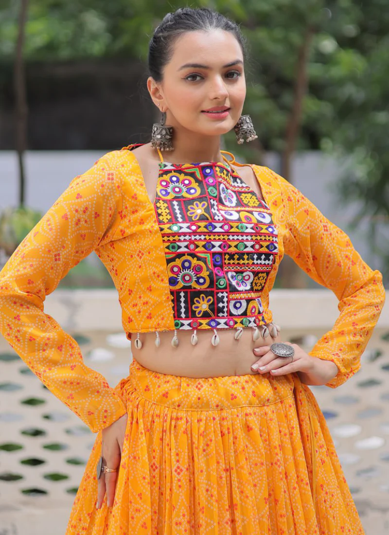 Navratri Special Bandhani Print Georgette Gamthi Work Yellow Crop Top - Image 14