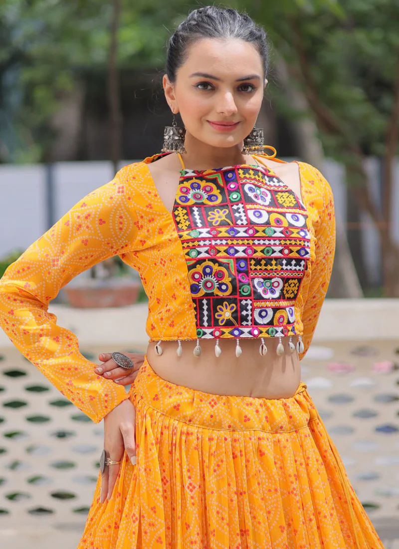 Navratri Special Bandhani Print Georgette Gamthi Work Yellow Crop Top - Image 15