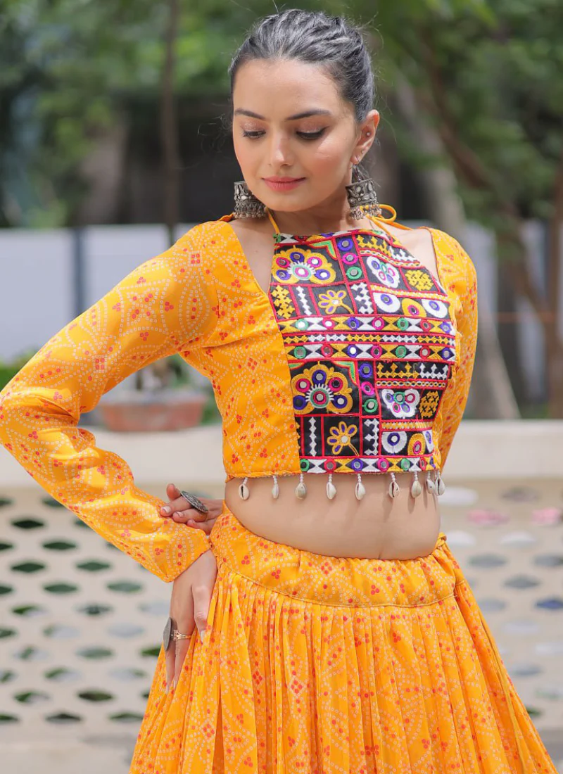 Navratri Special Bandhani Print Georgette Gamthi Work Yellow Crop Top - Image 16