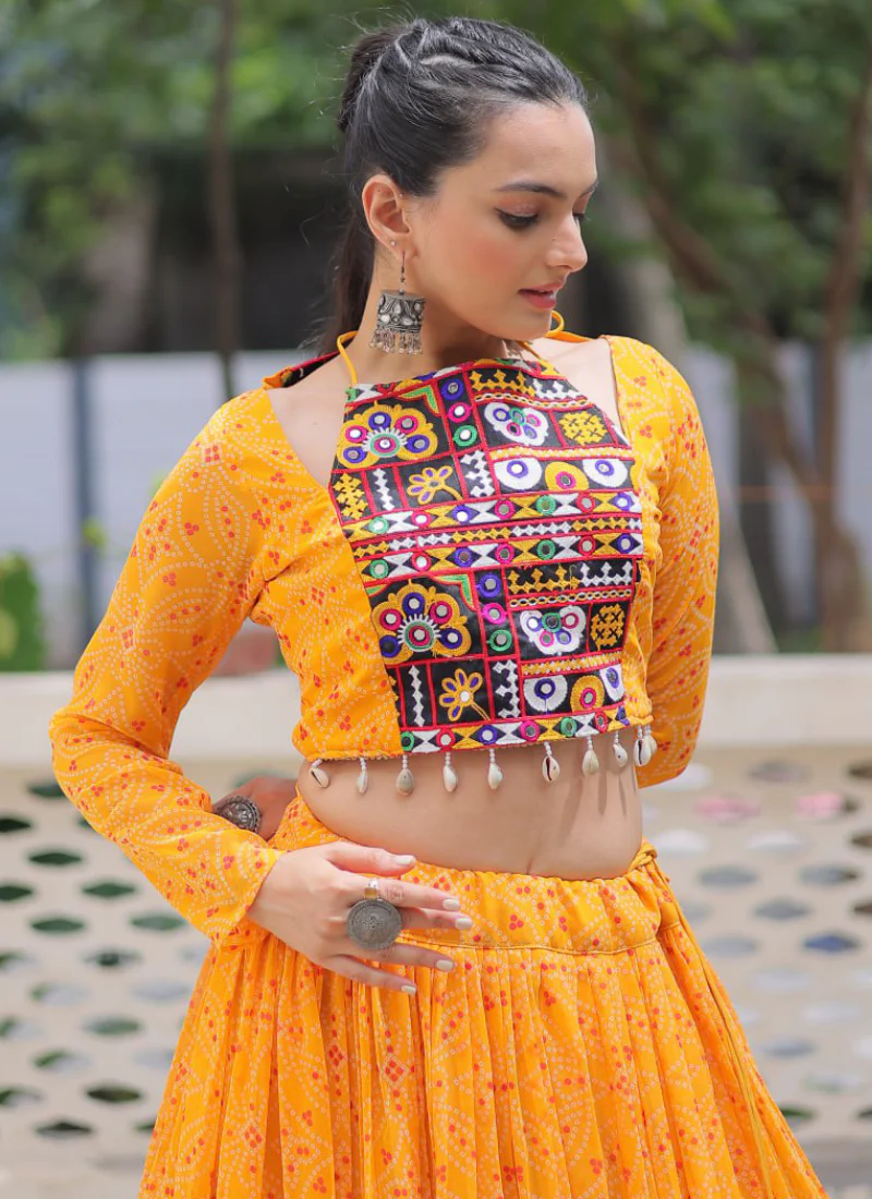 Navratri Special Bandhani Print Georgette Gamthi Work Yellow Crop Top - Image 17