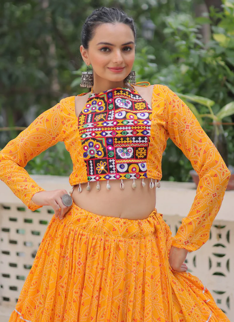 Navratri Special Bandhani Print Georgette Gamthi Work Yellow Crop Top - Image 2