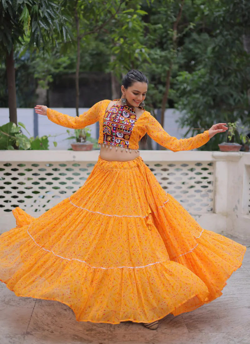 Navratri Special Bandhani Print Georgette Gamthi Work Yellow Crop Top - Image 3