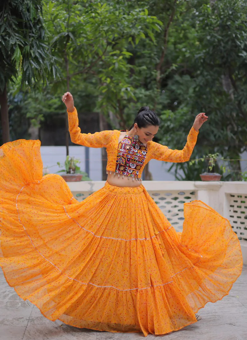 Navratri Special Bandhani Print Georgette Gamthi Work Yellow Crop Top - Image 4