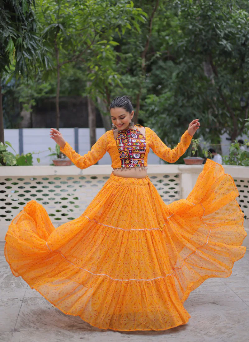 Navratri Special Bandhani Print Georgette Gamthi Work Yellow Crop Top - Image 5