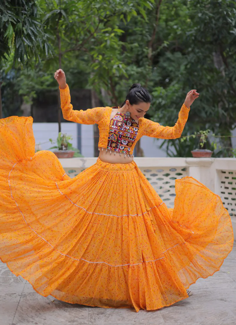 Navratri Special Bandhani Print Georgette Gamthi Work Yellow Crop Top - Image 6