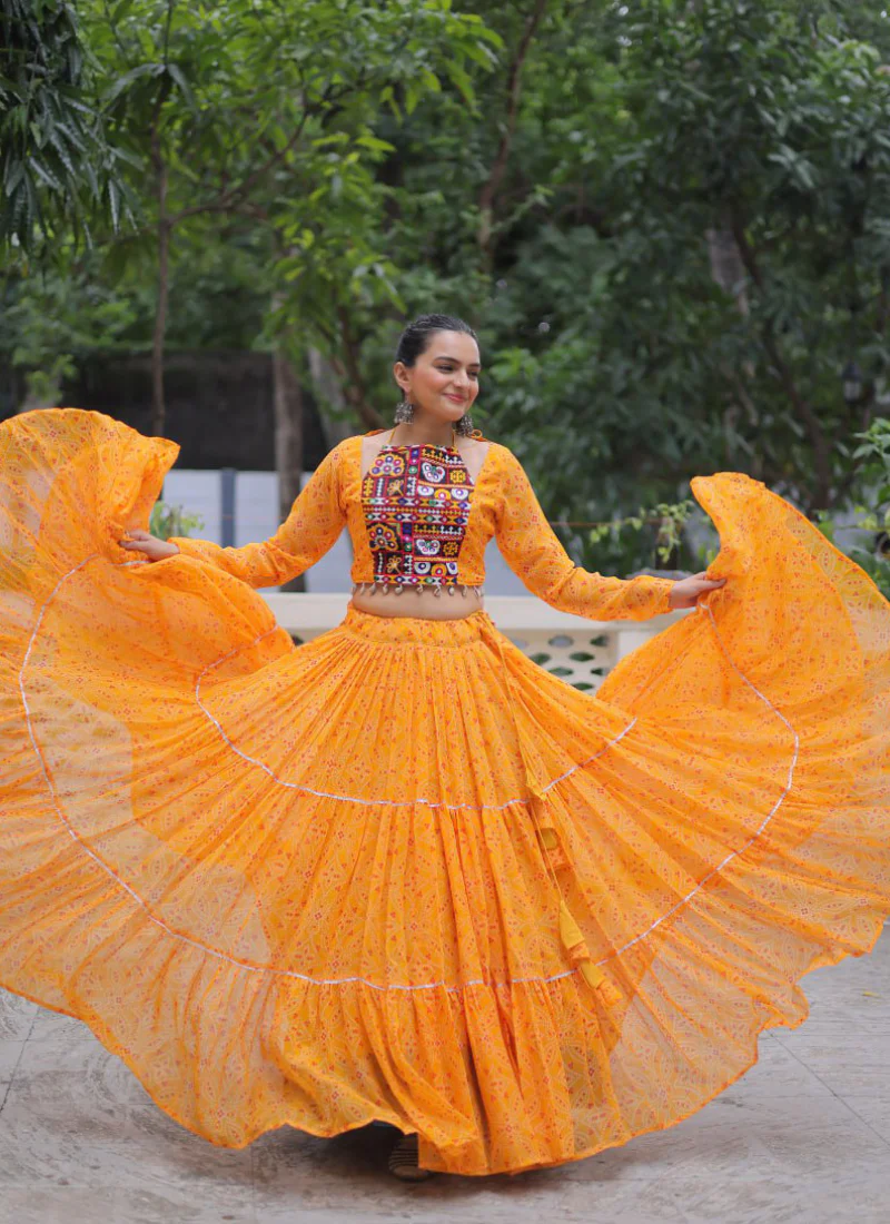 Navratri Special Bandhani Print Georgette Gamthi Work Yellow Crop Top - Image 7