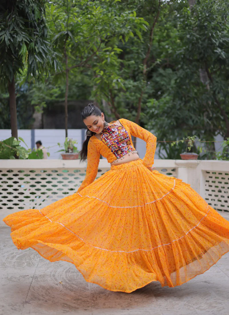 Navratri Special Bandhani Print Georgette Gamthi Work Yellow Crop Top - Image 8