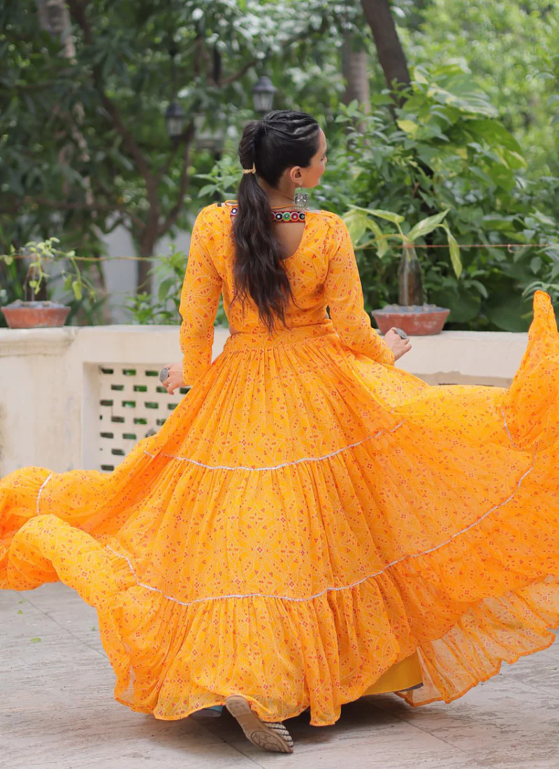 Navratri Special Bandhani Print Georgette Gamthi Work Yellow Crop Top - Image 9