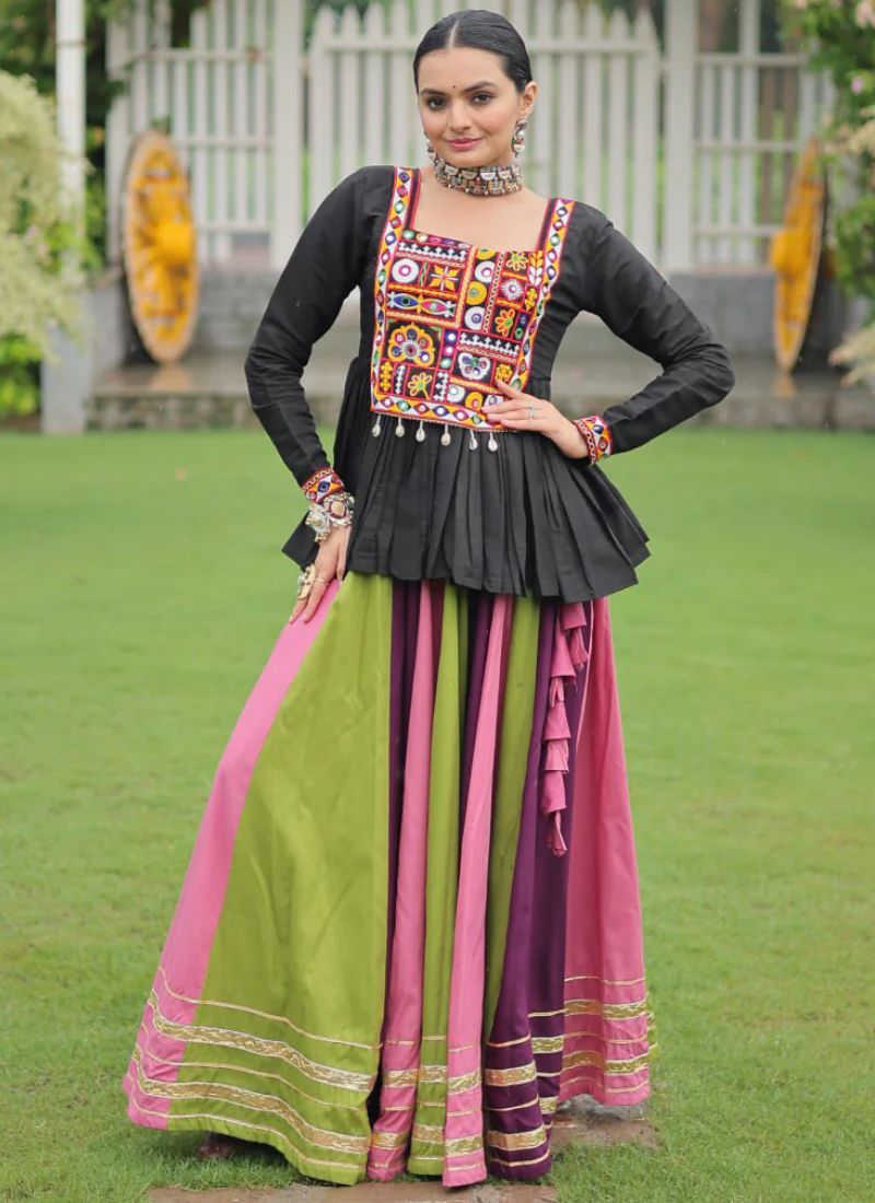 Navratri Special Multicolor Rayon Silk Gamthi Work Lehenga With Kediya - Image 2