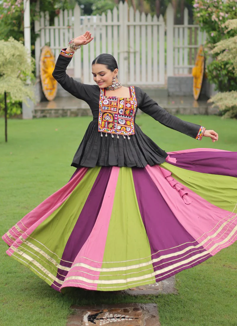 Navratri Special Multicolor Rayon Silk Gamthi Work Lehenga With Kediya - Image 6