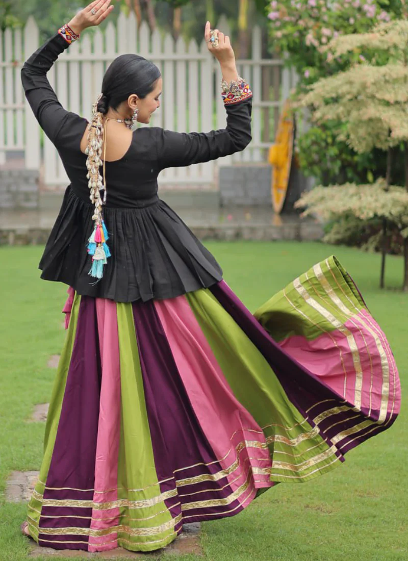 Navratri Special Multicolor Rayon Silk Gamthi Work Lehenga With Kediya - Image 7