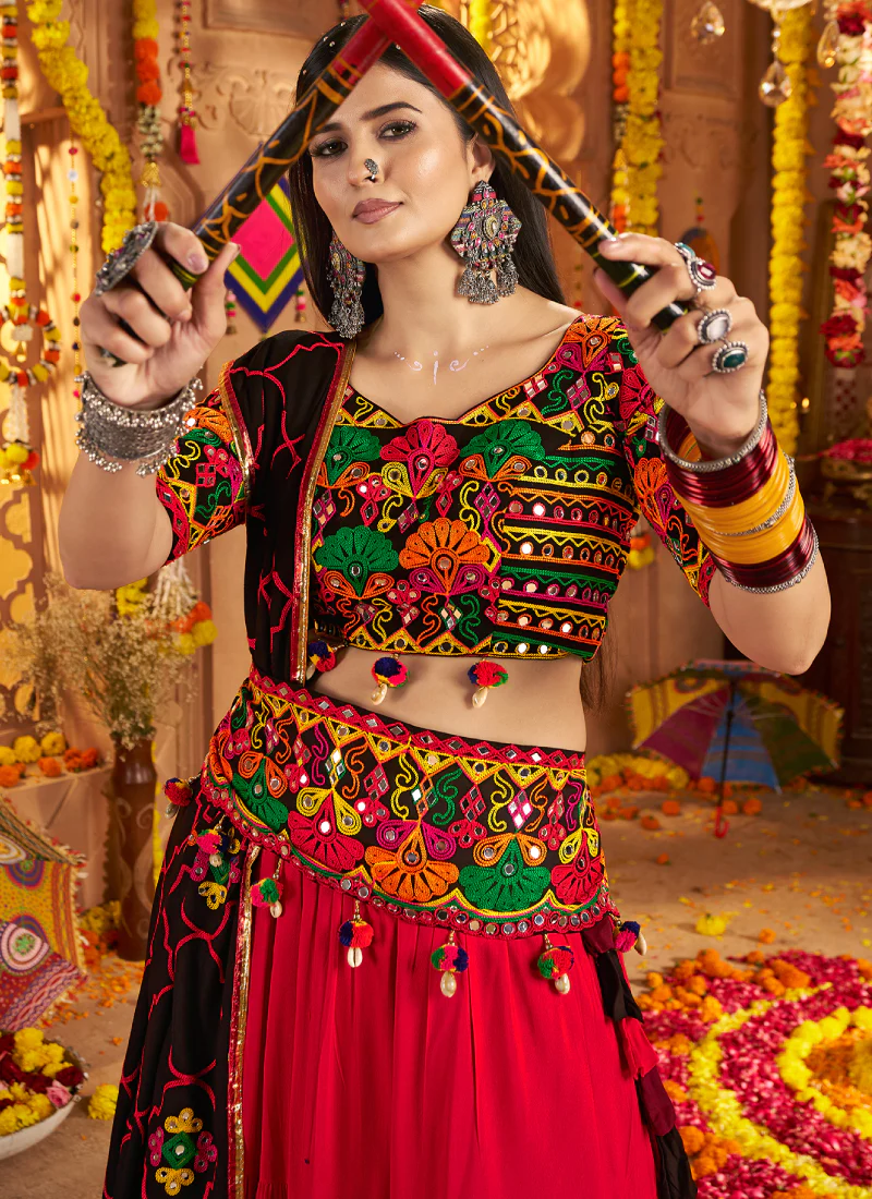 Navratri Special Real Mirror Gamthi Work Viscose Cotton Multi Lehenga - Image 3