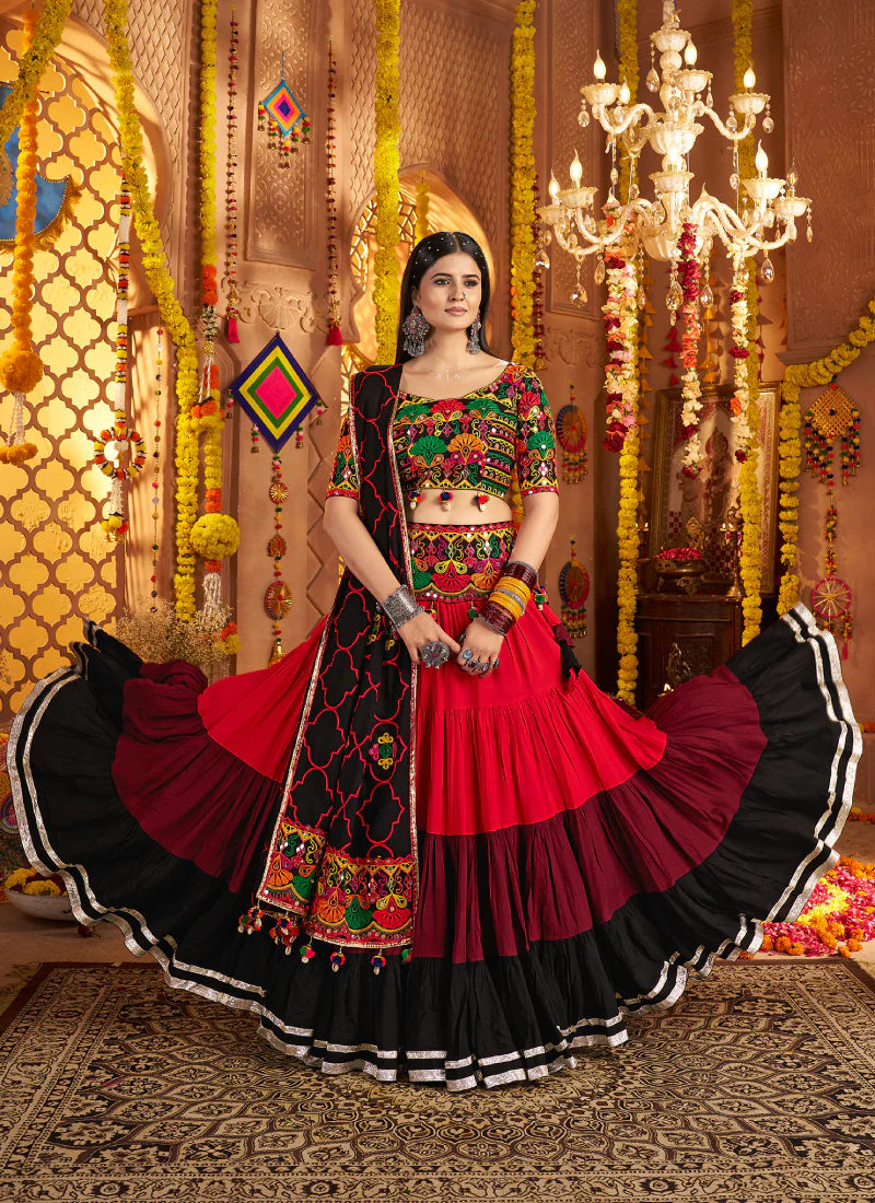 Navratri Special Real Mirror Gamthi Work Viscose Cotton Multi Lehenga - Image 4