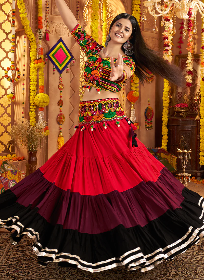 Navratri Special Real Mirror Gamthi Work Viscose Cotton Multi Lehenga - Image 7