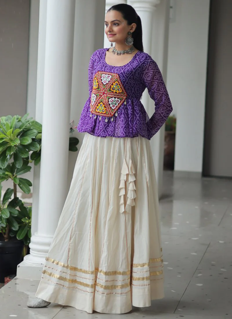 Navratri Wear Bandhani Print Gota Patti Work Cotton Beige Crop Top - Image 3