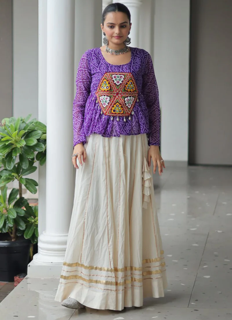 Navratri Wear Bandhani Print Gota Patti Work Cotton Beige Crop Top - Image 4