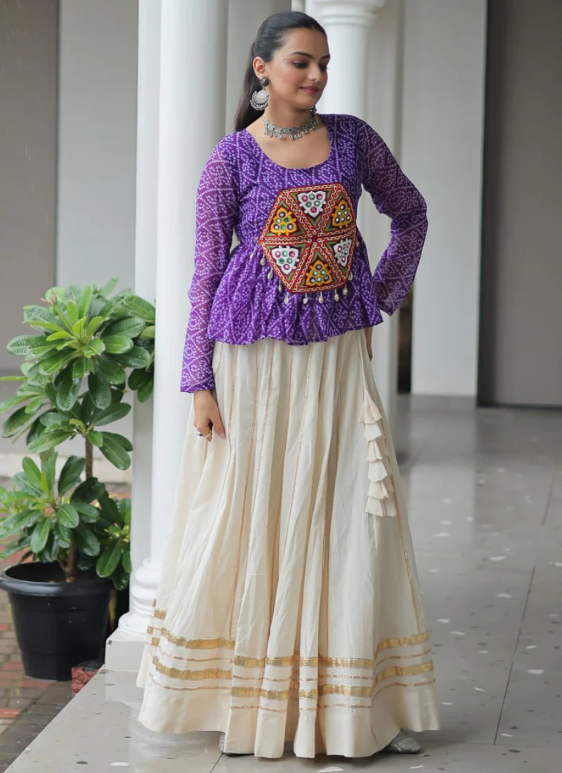 Navratri Wear Bandhani Print Gota Patti Work Cotton Beige Crop Top - Image 5