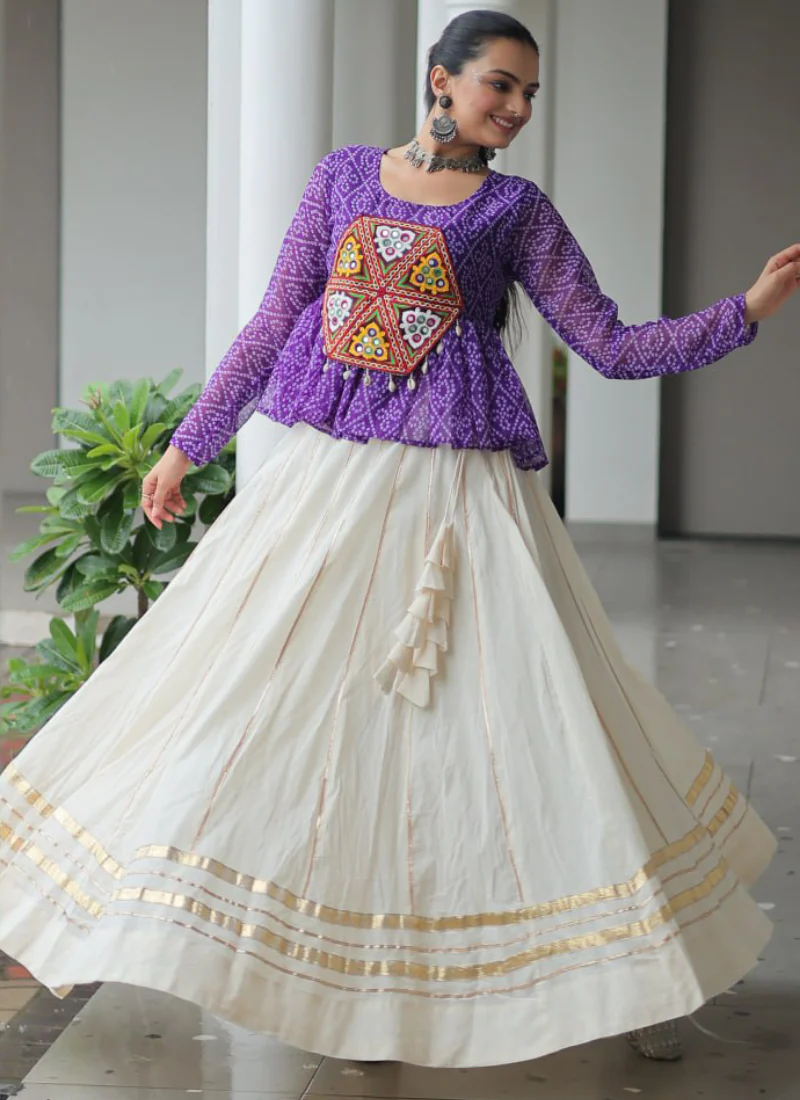 Navratri Wear Bandhani Print Gota Patti Work Cotton Beige Crop Top - Image 6