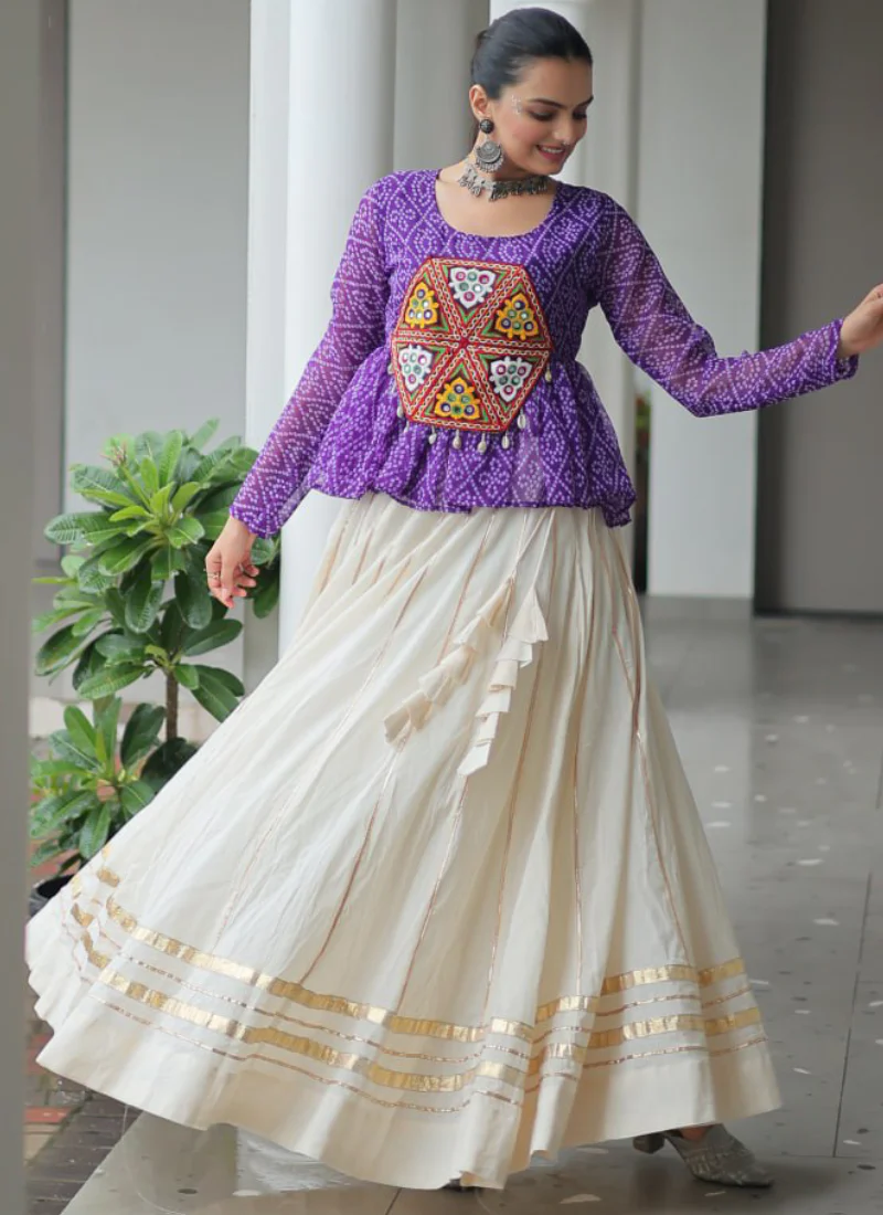 Navratri Wear Bandhani Print Gota Patti Work Cotton Beige Crop Top - Image 7