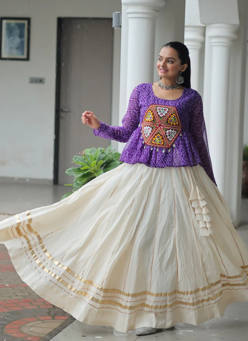 Navratri Wear Bandhani Print Gota Patti Work Cotton Beige Crop Top - Image 9