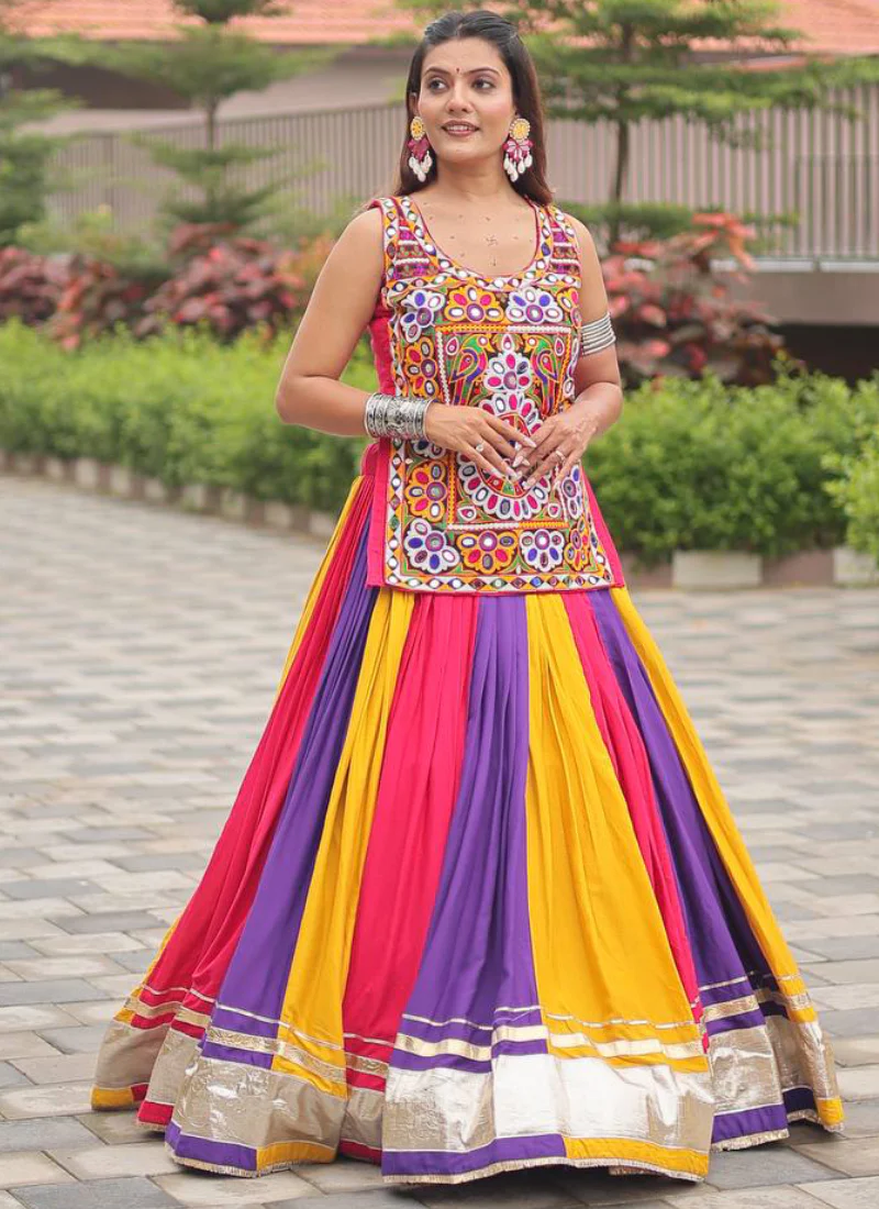 Navratri Wear Multi Color Gamthi Real Mirror Work Cotton Lehenga Choli - Image 3