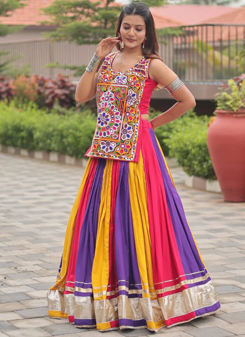 Navratri Wear Multi Color Gamthi Real Mirror Work Cotton Lehenga Choli - Image 4