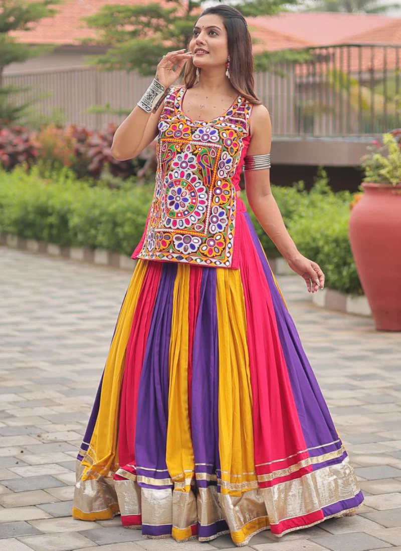 Navratri Wear Multi Color Gamthi Real Mirror Work Cotton Lehenga Choli - Image 5