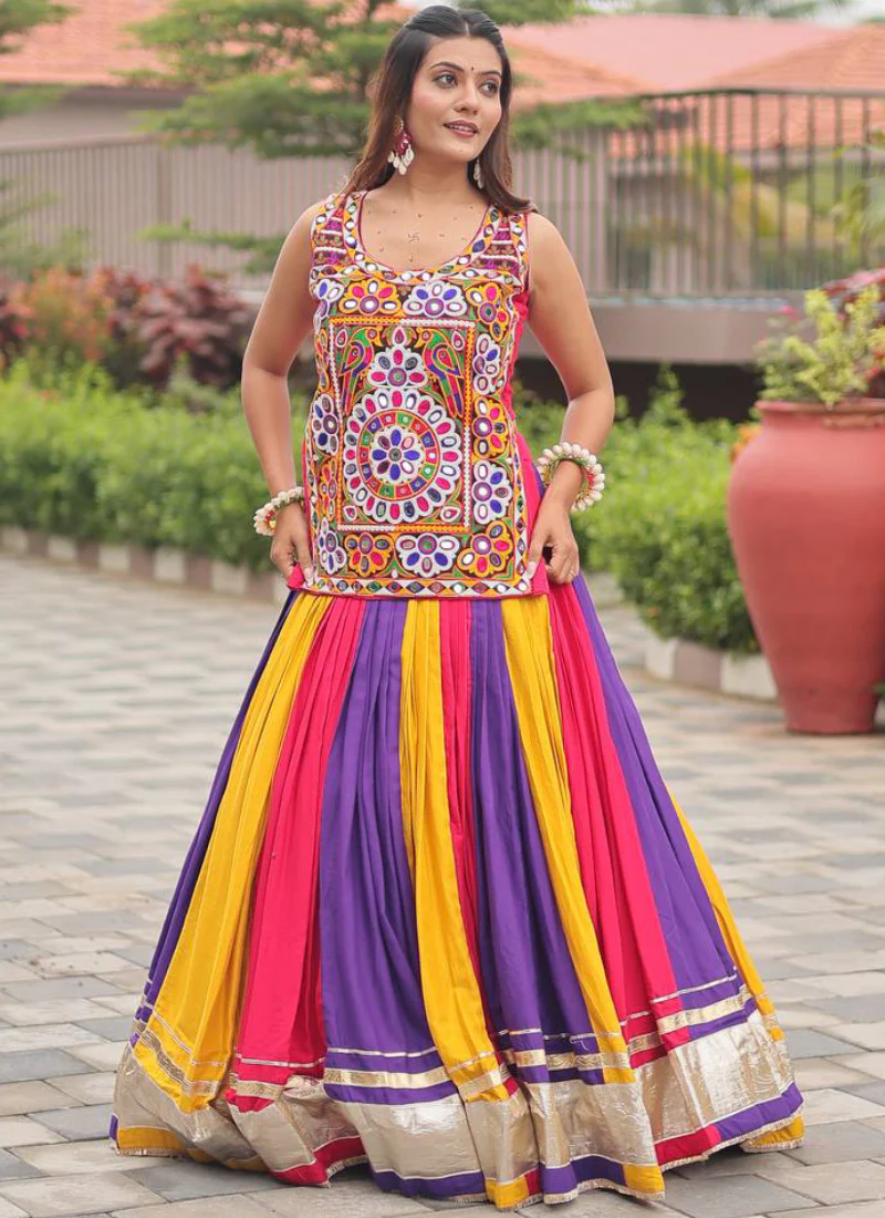 Navratri Wear Multi Color Gamthi Real Mirror Work Cotton Lehenga Choli - Image 7