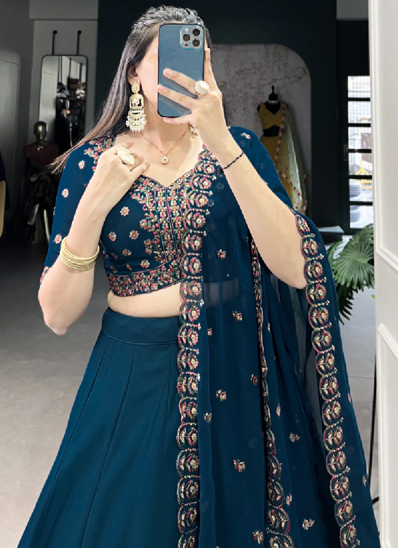 Navy Blue Georgette Plain Lehenga With Thread Embroidered Blouse - Image 2