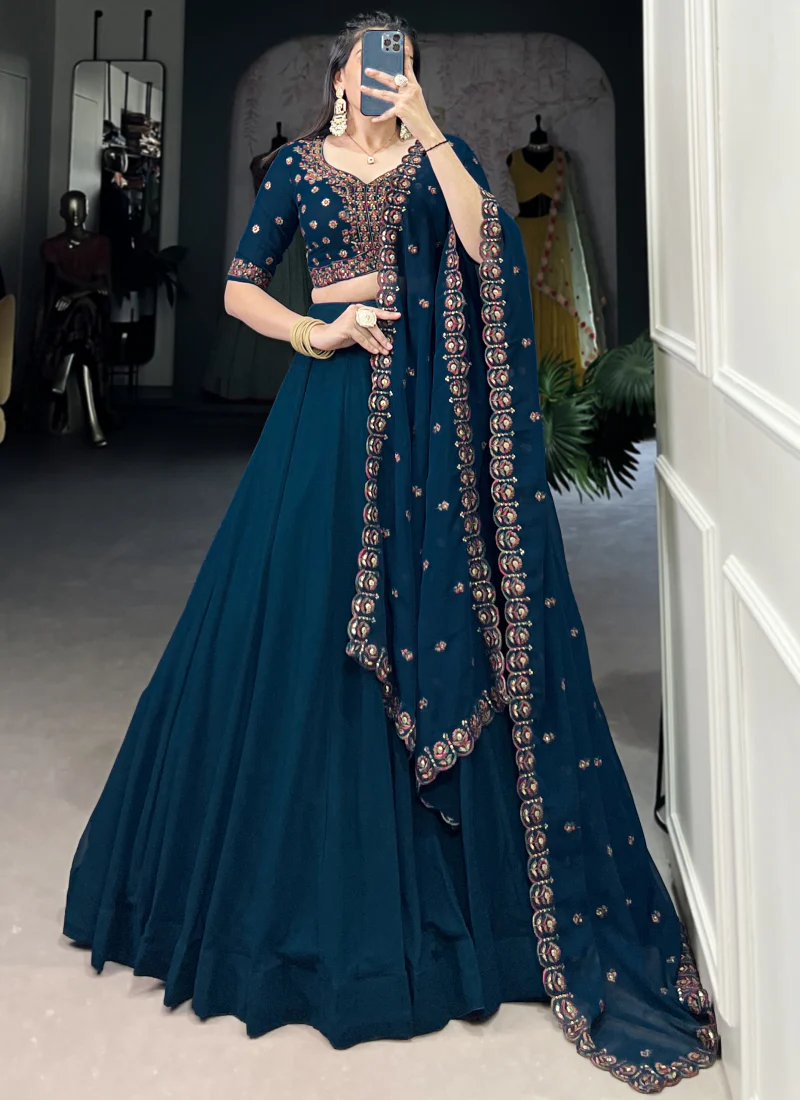 Navy Blue Georgette Plain Lehenga With Thread Embroidered Blouse - Image 3