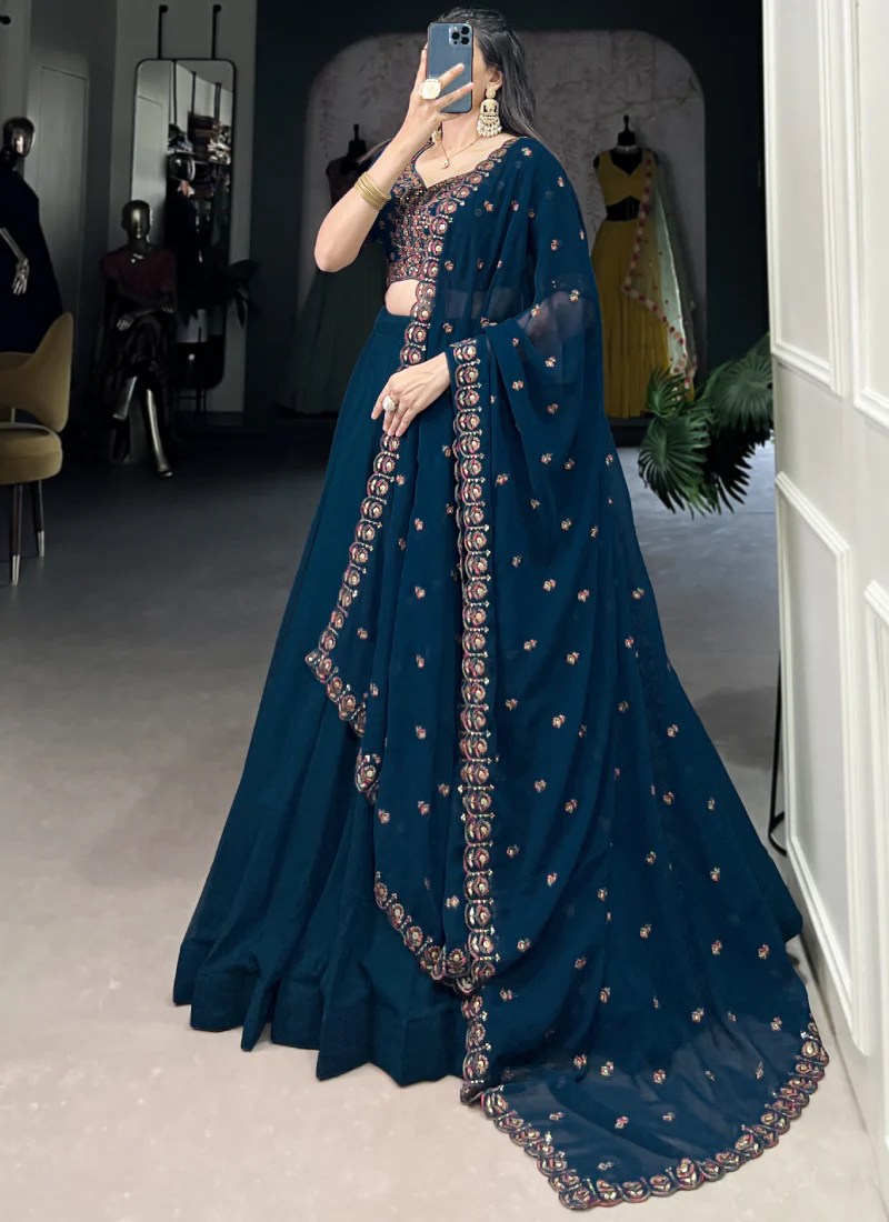 Navy Blue Georgette Plain Lehenga With Thread Embroidered Blouse - Image 6