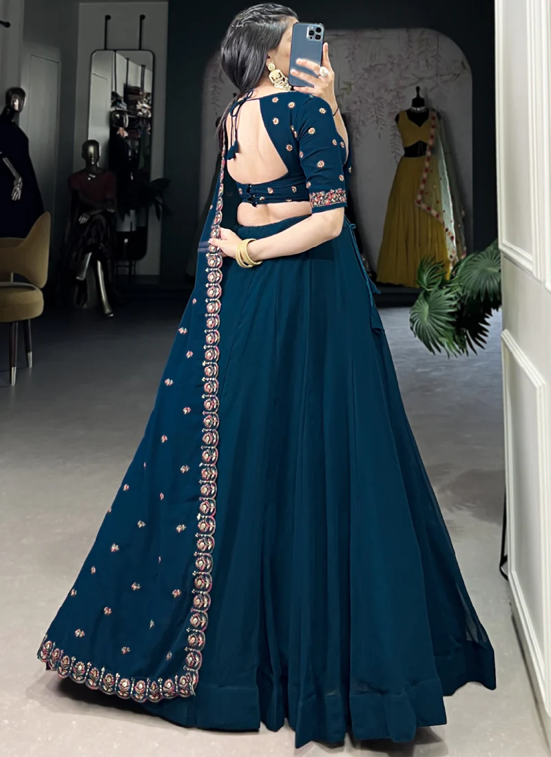 Navy Blue Georgette Plain Lehenga With Thread Embroidered Blouse - Image 7
