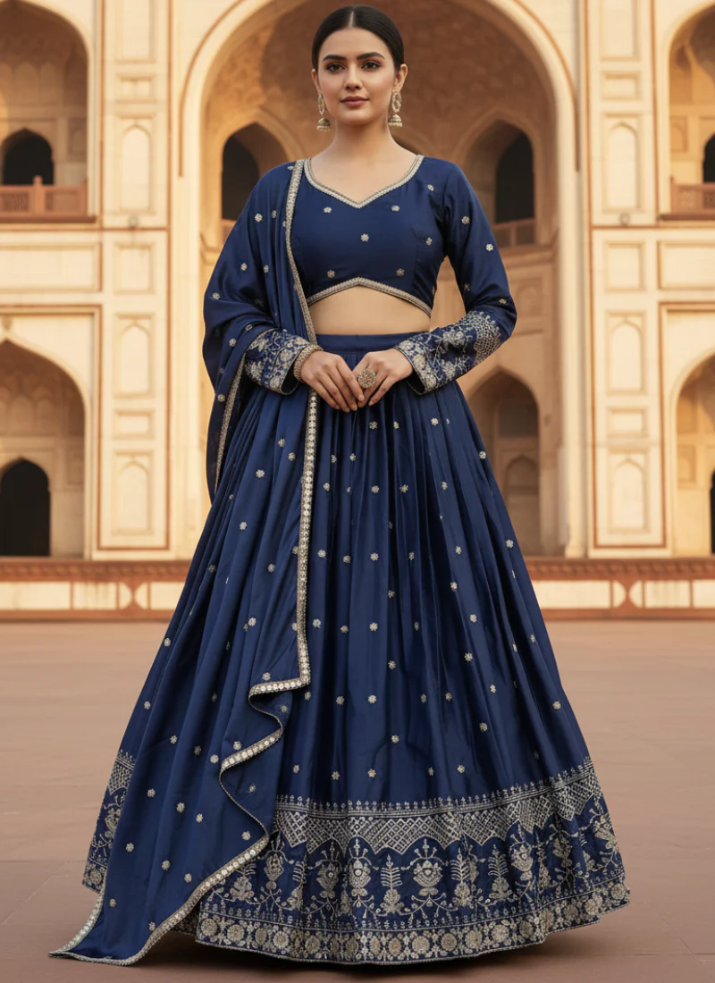 Navy Blue Japan satin Sequence Embroidered work Beautiful Lehenga Choli