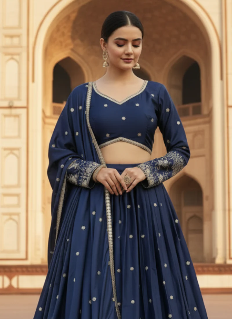 Navy Blue Japan satin Sequence Embroidered work Beautiful Lehenga Choli - Image 2