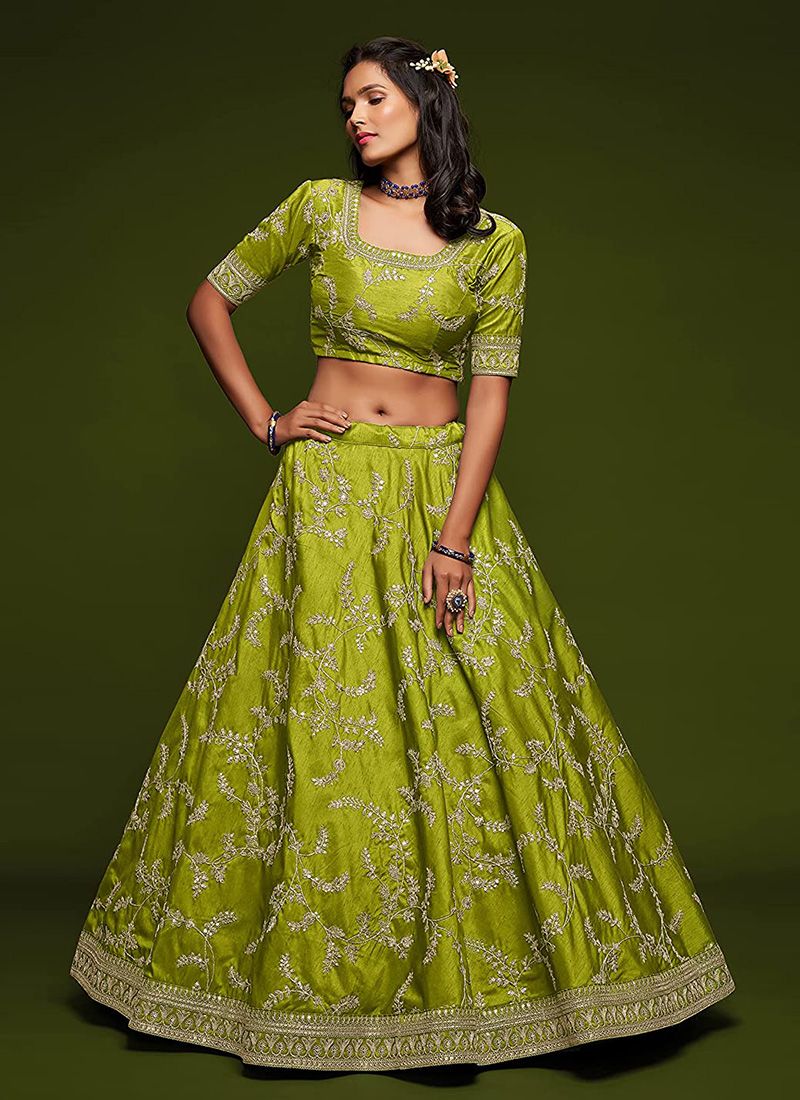 Neon Green Art Silk Lehenga Choli Dupatta Set - Image 4