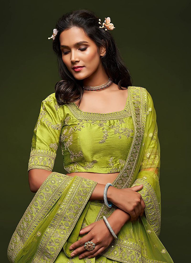 Neon Green Art Silk Lehenga Choli Dupatta Set - Image 5