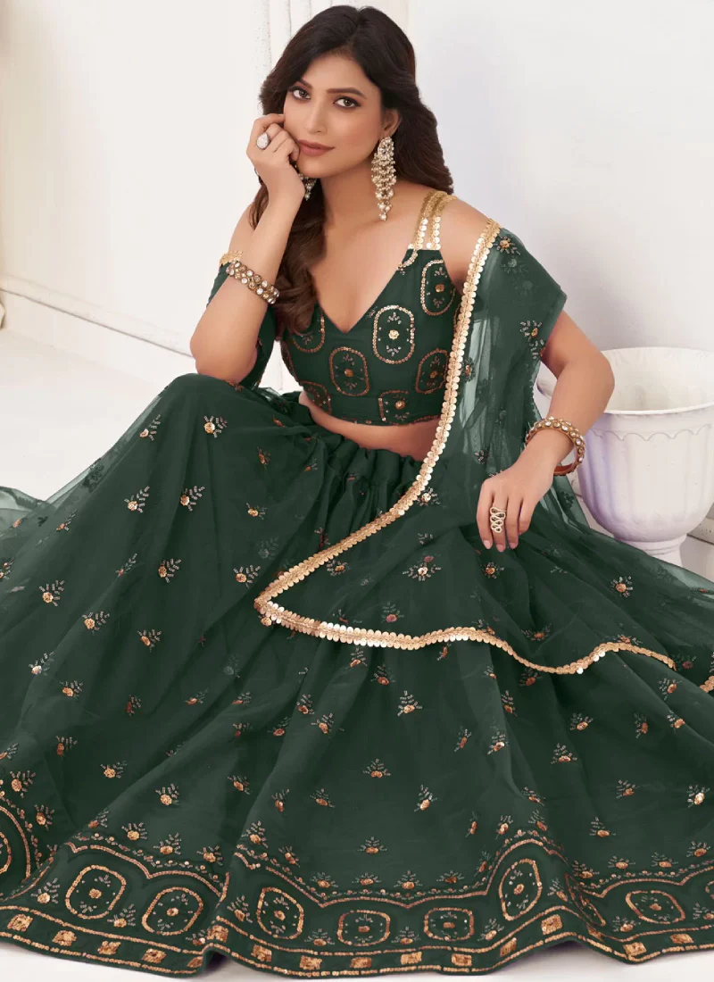 Net Embroidered Dark Green Lehenga Choli For Mehendi Function - Image 4