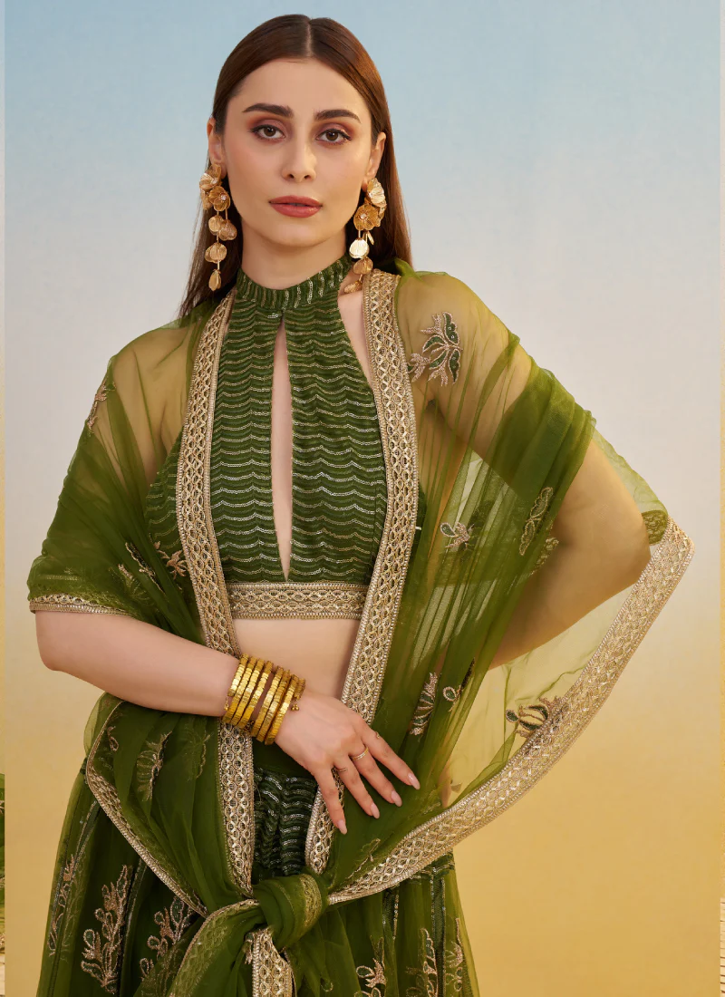 Net Sequence Embroidered Mehendi Green Occasional Fancy Lehenga Choli - Image 2