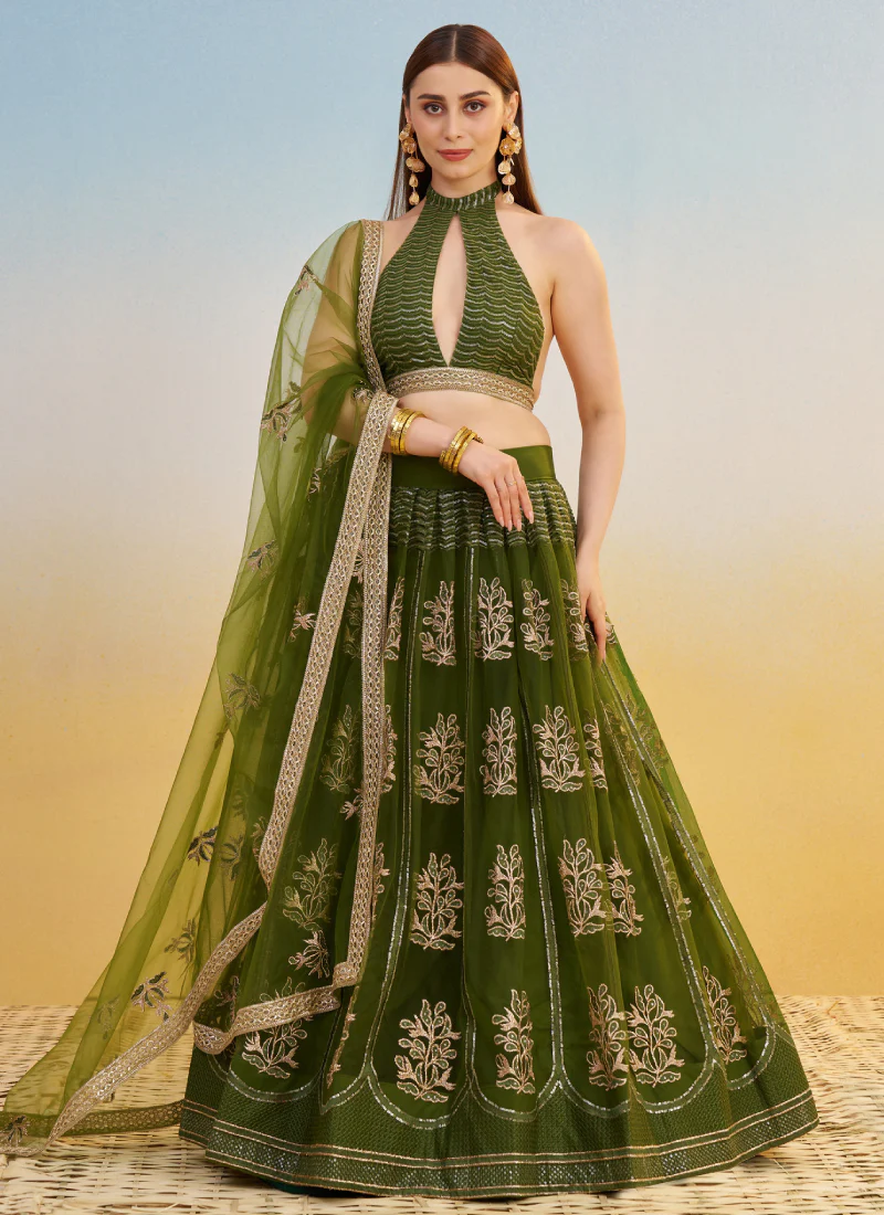 Net Sequence Embroidered Mehendi Green Occasional Fancy Lehenga Choli - Image 4