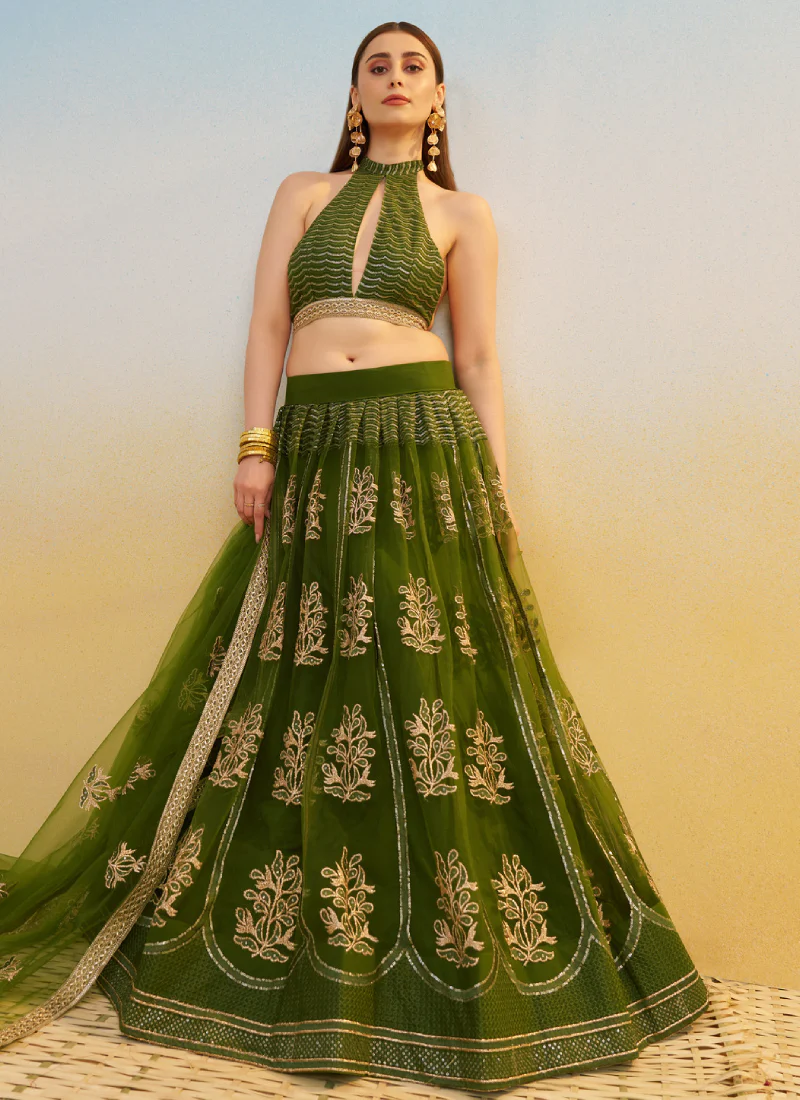 Net Sequence Embroidered Mehendi Green Occasional Fancy Lehenga Choli - Image 5