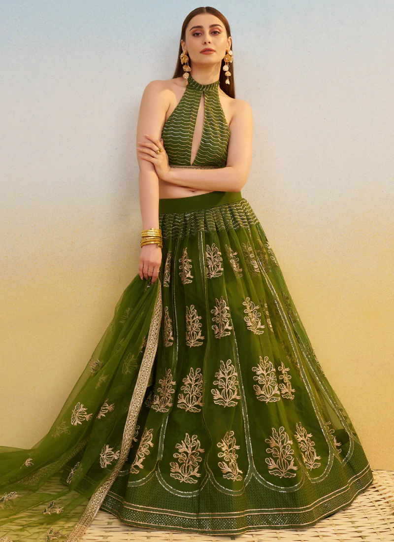 Net Sequence Embroidered Mehendi Green Occasional Fancy Lehenga Choli - Image 6