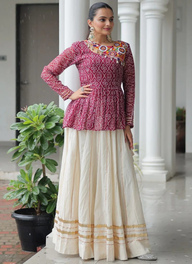 Off White Embroidery Work Peplum Choli With Kora Cotton Lehenga - Image 3