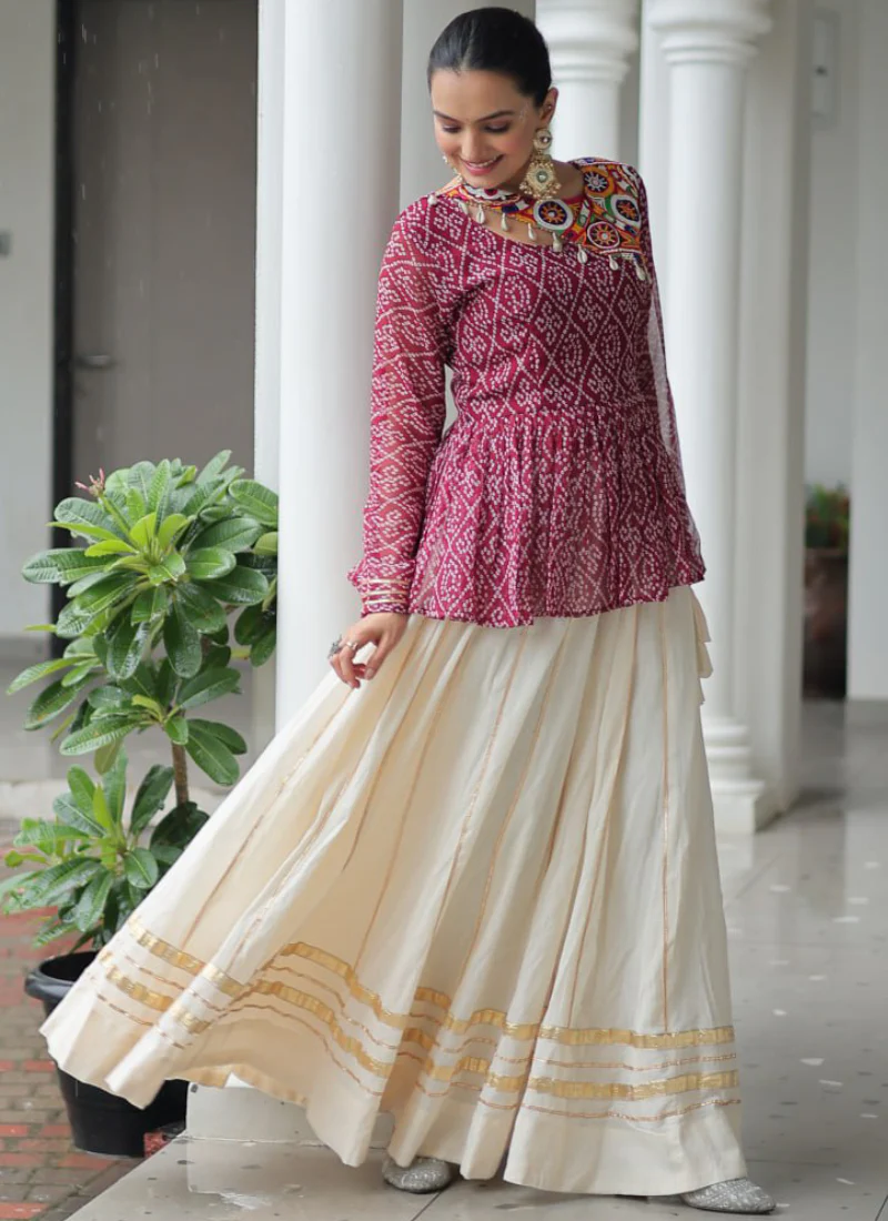 Off White Embroidery Work Peplum Choli With Kora Cotton Lehenga - Image 4
