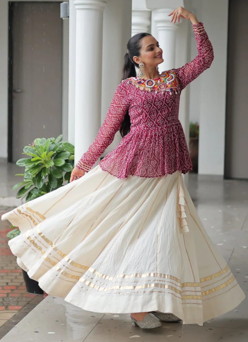 Off White Embroidery Work Peplum Choli With Kora Cotton Lehenga - Image 5
