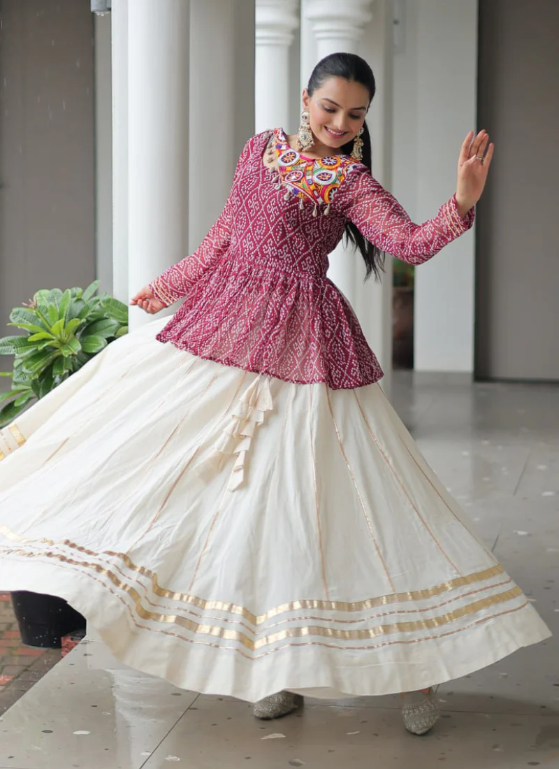 Off White Embroidery Work Peplum Choli With Kora Cotton Lehenga - Image 6