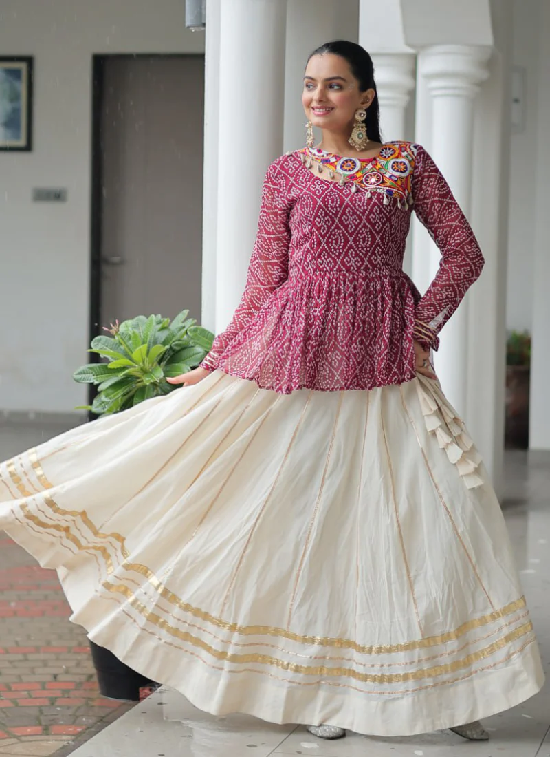Off White Embroidery Work Peplum Choli With Kora Cotton Lehenga - Image 7