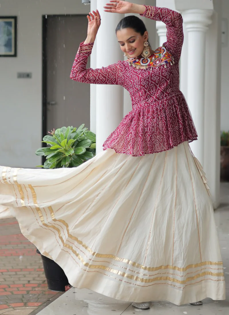 Off White Embroidery Work Peplum Choli With Kora Cotton Lehenga - Image 8