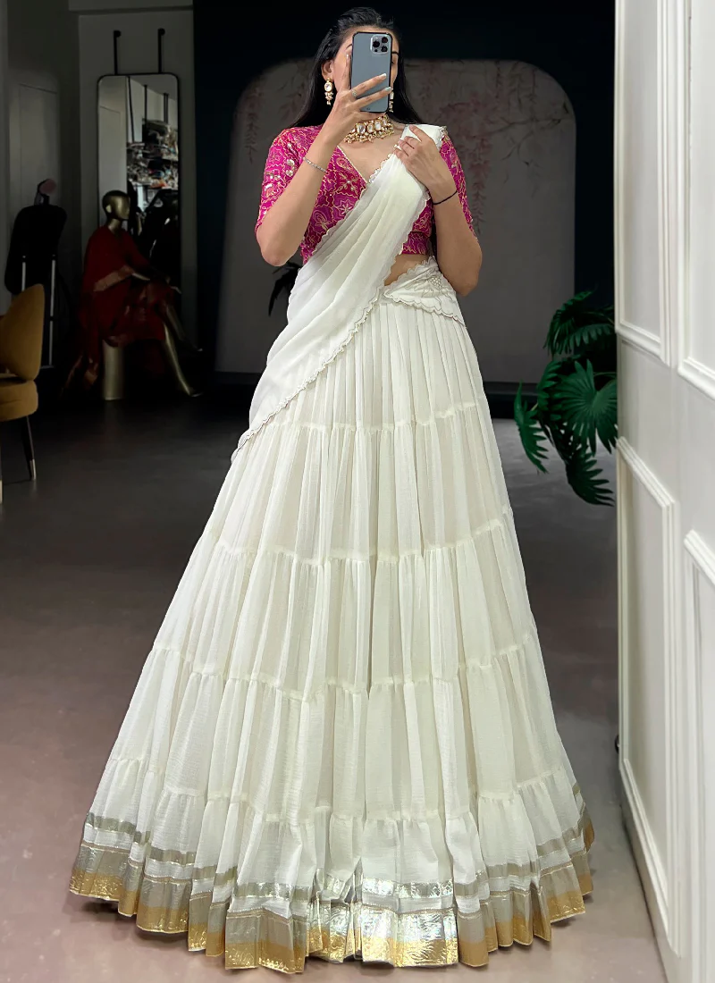 Off White Gota Patti Lace Border Marble Silk Ruffle Style Lehenga Choli