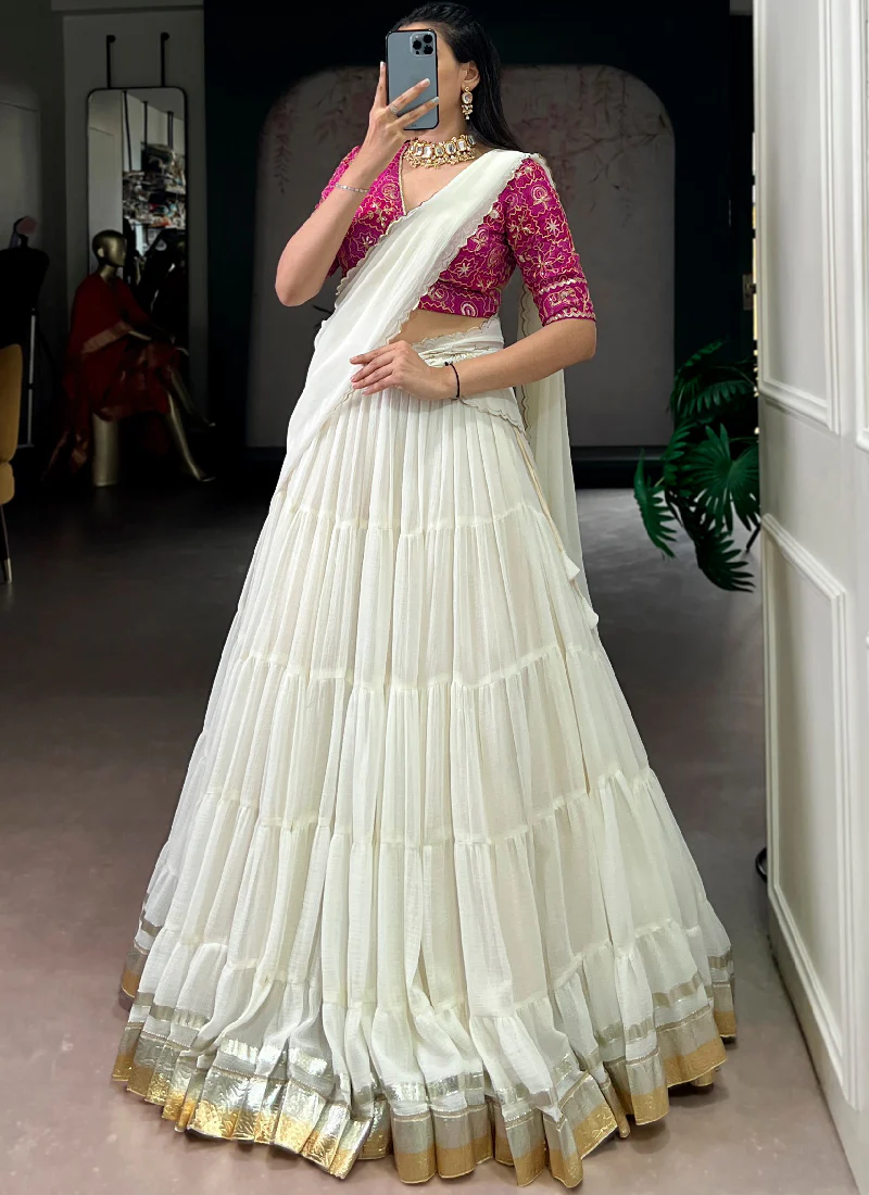 Off White Gota Patti Lace Border Marble Silk Ruffle Style Lehenga Choli - Image 3