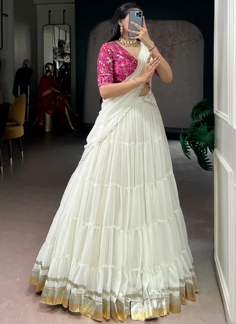 Off White Gota Patti Lace Border Marble Silk Ruffle Style Lehenga Choli - Image 4